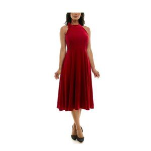 Maison Tara Red Velvet Halter Midi Dress Size 16 Bow Shoulder Holiday Party